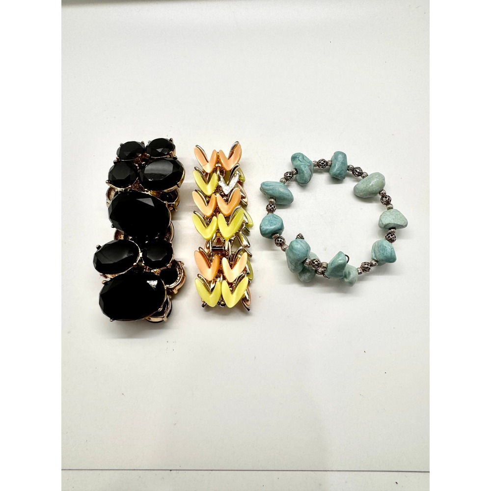 Vintage Claudette Enamel Bracelet Lot Black Stone Turquoise Boho‎ Statement 3pc